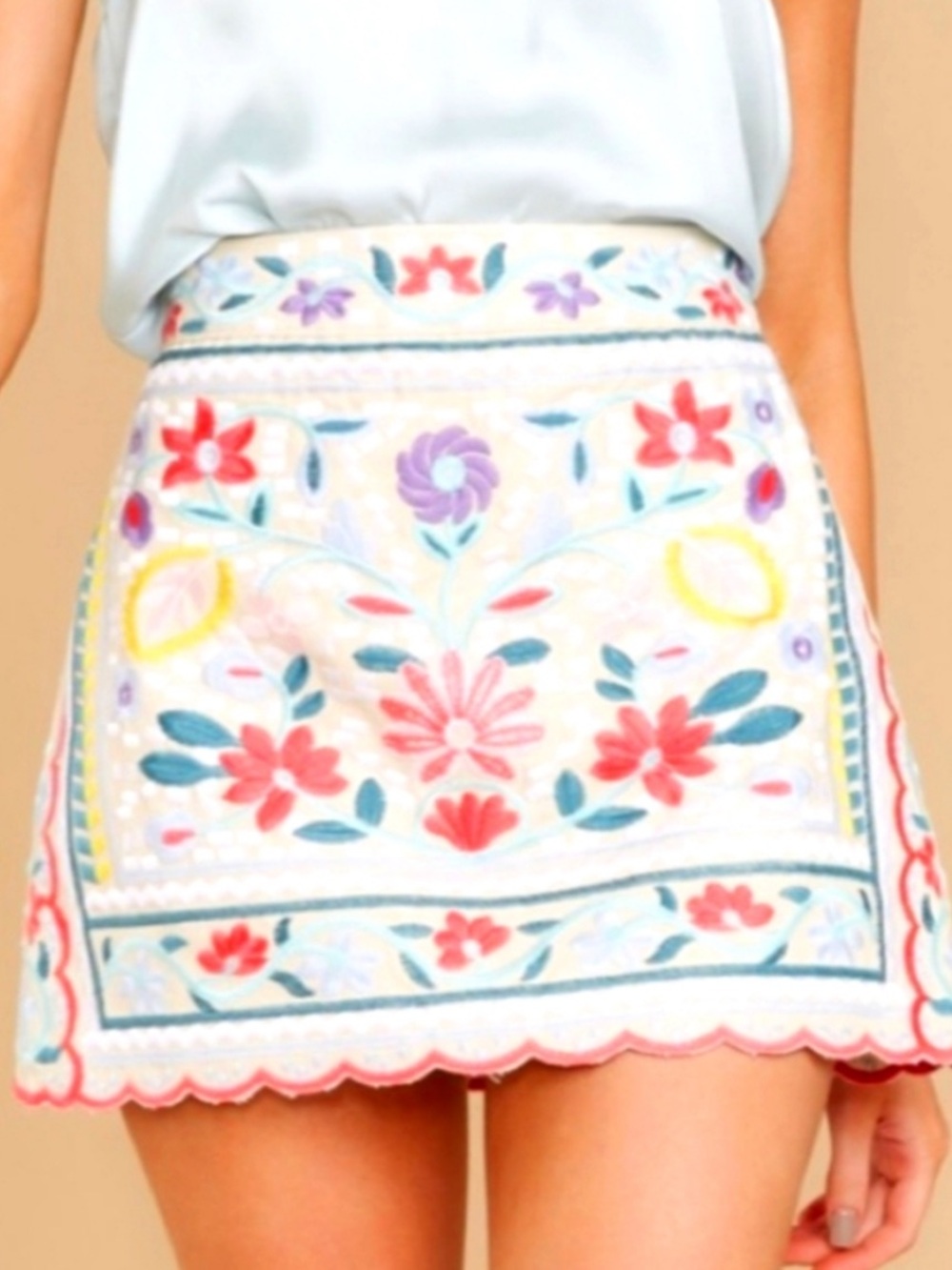 Embroidered White Mini Skirt with Multicolor Floral Design